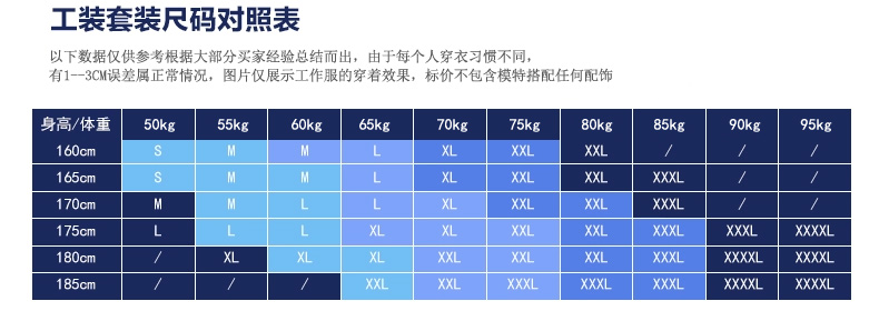 機械加工作服夏季套裝尺寸表